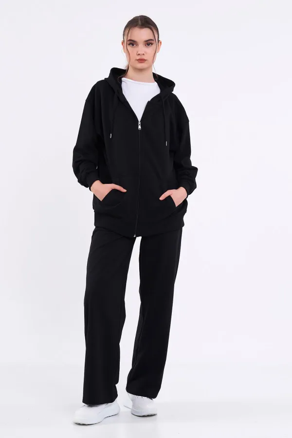 Ensemble de survêtement noir pour femme, coupe classique, taille élastique, capuche, oversize, saisonnier (haut et bas) MTLCB7367