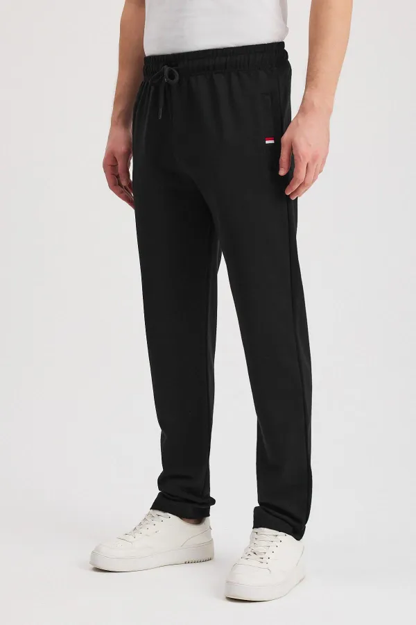 Black Men's Zip-Up Pocket Sweatpants with Embroidered Detail, Straight Leg, Relaxed Fit, Casual Style