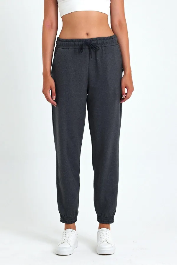 Kadın Antrasit Pamuklu Kalın Paçası Lastikli Yüksek Bel Rahat Jogger Eşofman Altı