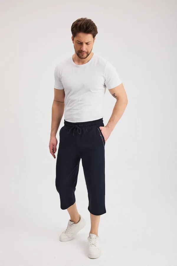 Men's Navy Blue Bermuda Knee-Length Capri Shorts with Side Pockets and Adjustable Elastic Waistband MTLCE108