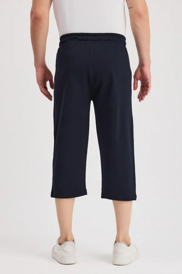 Men's Navy Blue Bermuda Knee-Length Capri Shorts with Side Pockets and Adjustable Elastic Waistband MTLCE108