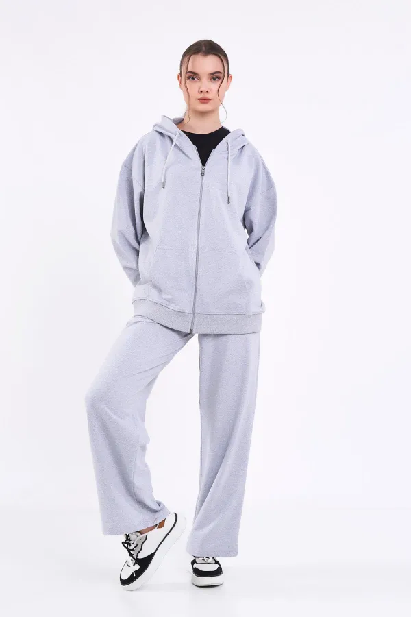 Ensemble de survêtement gris pour femme, coupe classique, taille élastique, capuche, oversize, saisonnier (haut et bas)