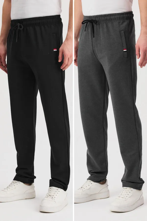 Black-Anthracite Men's Zippered Pocket Embroidery Detailed Straight Leg Relaxed Cut Daily 2-Pack Sweatpants MTLCE107