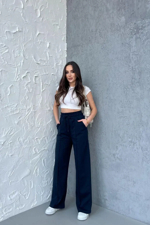 Women's Seasonal Casual Wide Leg High Waist Navy Blue Sweatpants