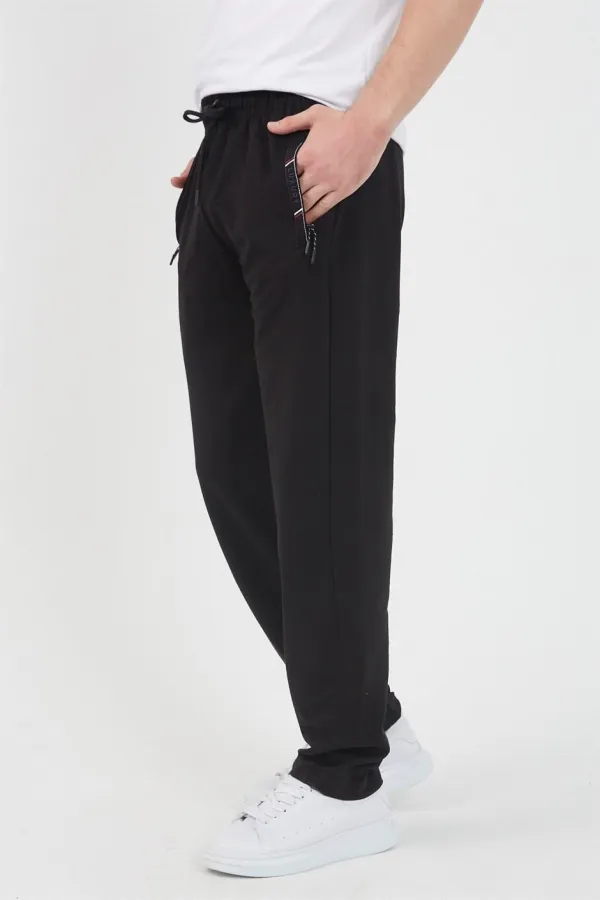 Men's Black and Navy Blue Sweatpants with Two Zipper Pockets, Embroidered Detail, Straight Leg, and Relaxed Fit.
