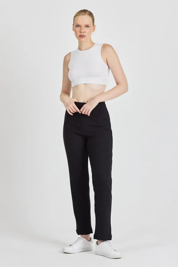 Siyah Fitilli Geniş Paça Pamuklu İnce Yüksek Bel Kadın Eşofman Altı