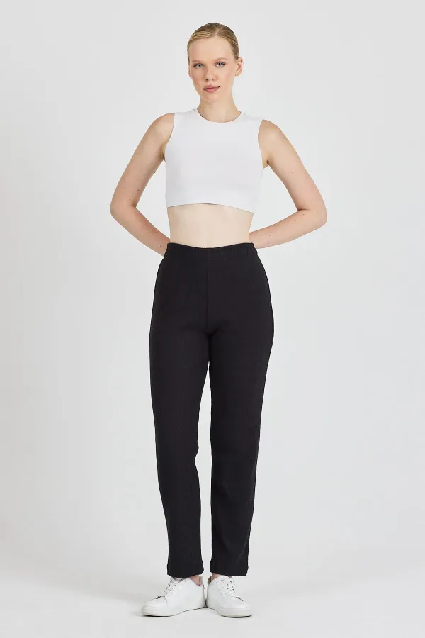 Siyah Fitilli Geniş Paça Pamuklu İnce Yüksek Bel Kadın Eşofman Altı