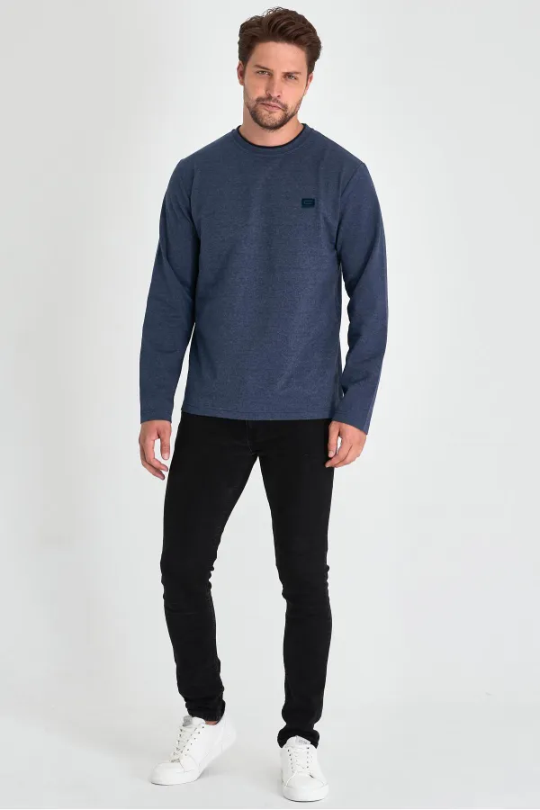 Erkek İndigo Çift Bisiklet Yaka Baskı Detaylı Standart Rahat Kesim Sweatshirt