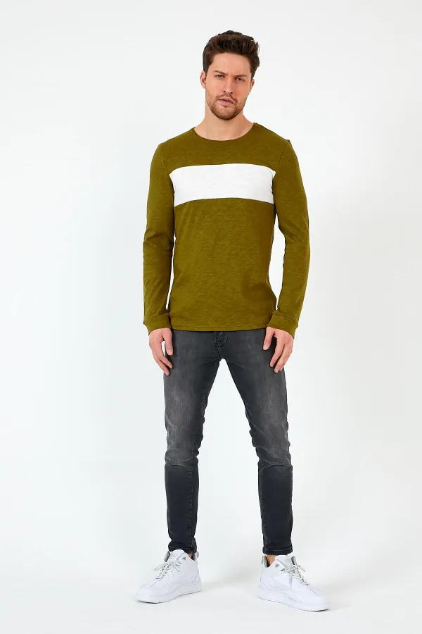 Haki Unisex Regular Fit Bisiklet Yaka Uzun Kollu  Şeritli Sweat MTLC0-H1