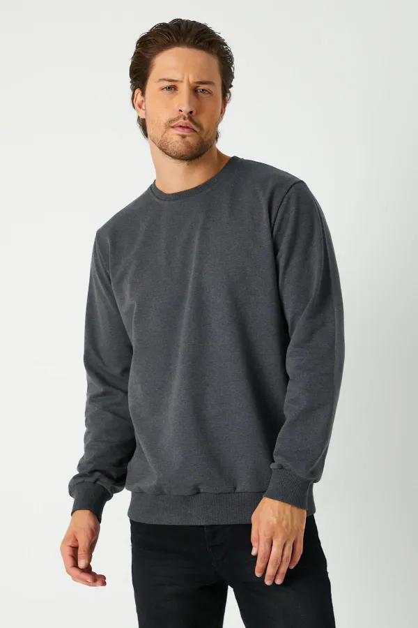 Erkek Antrasit Basic Bisiklet Yaka Sweatshirt 