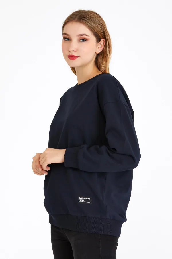 Women's Navy Blue Color Basic Crew Neck Sweatshirt