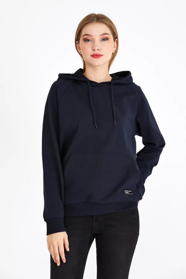 Kadın Lacivert Renk Kapüşonlu Basic Örme Sweatshirt