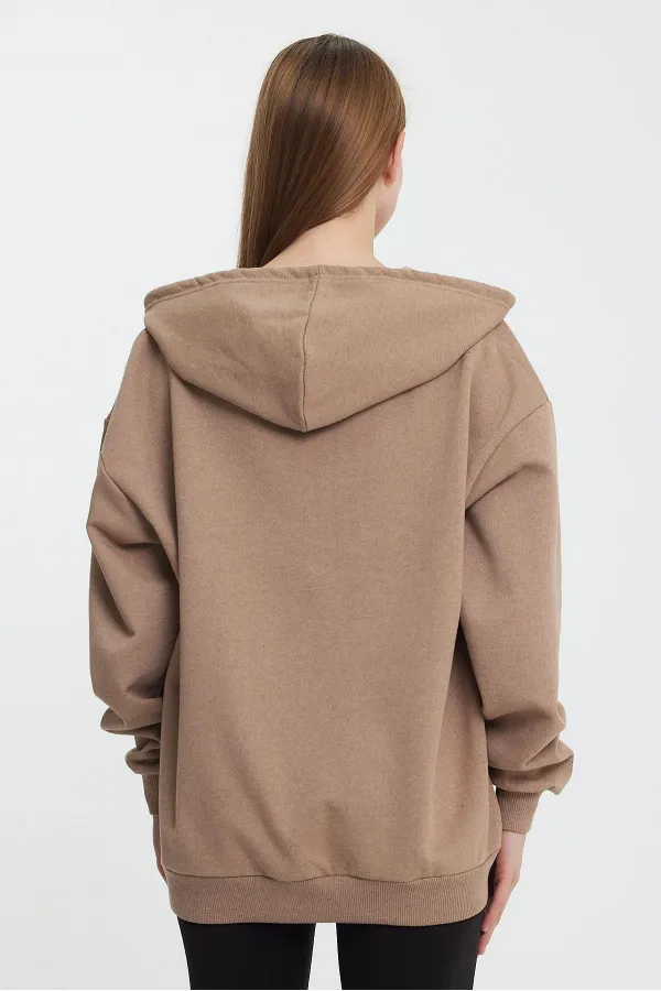 Kadın Kanguru Cepli Kapüşonlu Fermuarlı İçi Polarlı Hırka