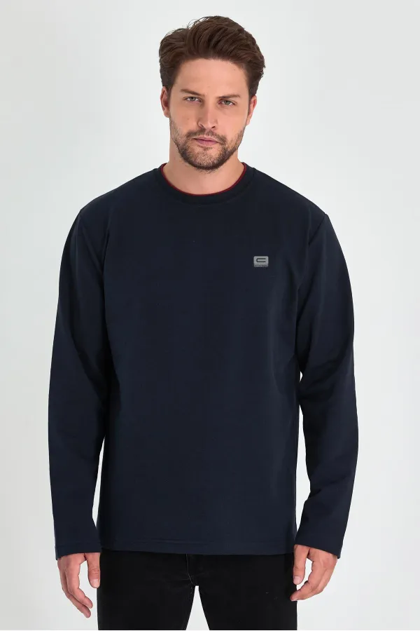 Men's Navy Blue Double Crew Neck Sweatshirt with Print Detail, Standard Relaxed Fit