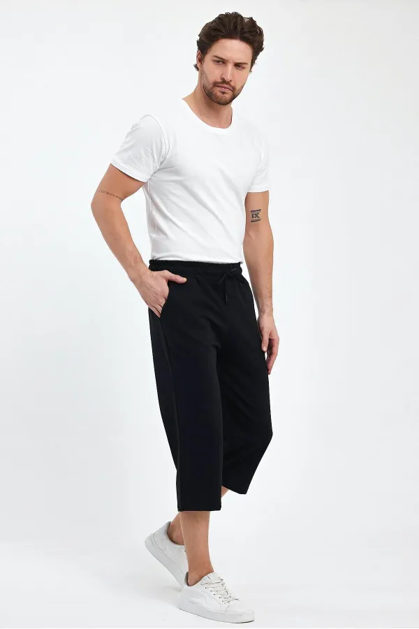 Short bermuda noir pour homme, longueur genou, style capri, avec poches latérales et taille élastique ajustable MTLCE74