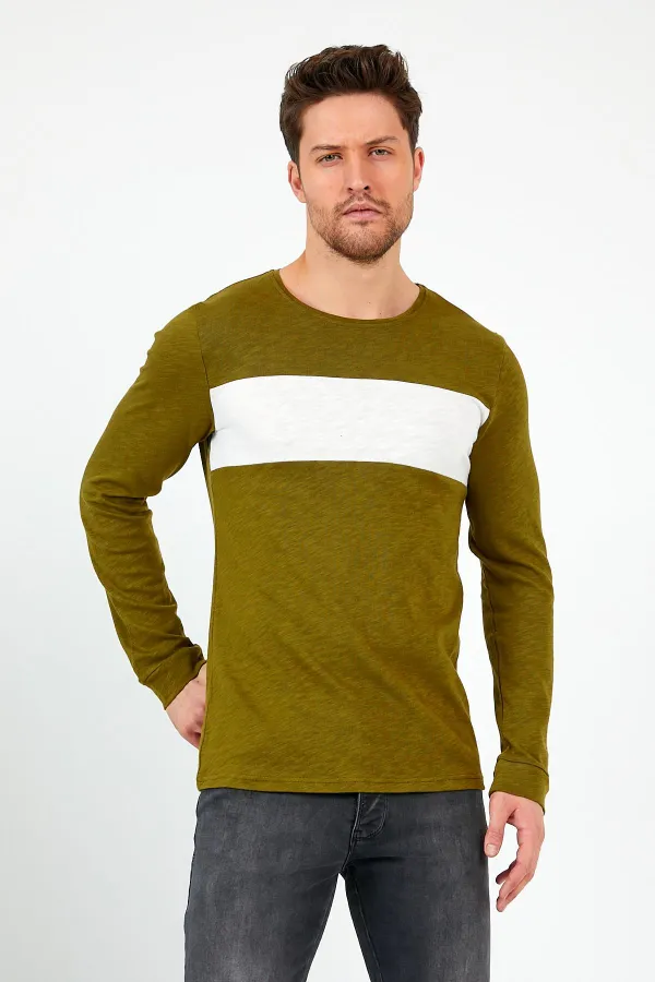 Haki Unisex Regular Fit Bisiklet Yaka Uzun Kollu  Şeritli Sweat MTLC0-H1