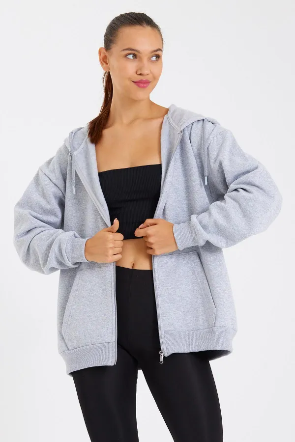 Kadın Kanguru Cepli Kapüşonlu Fermuarlı İçi Polarlı Hırka