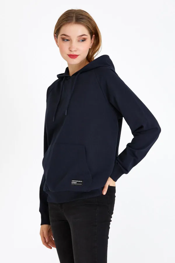 Kadın Lacivert Renk Kapüşonlu Basic Örme Sweatshirt