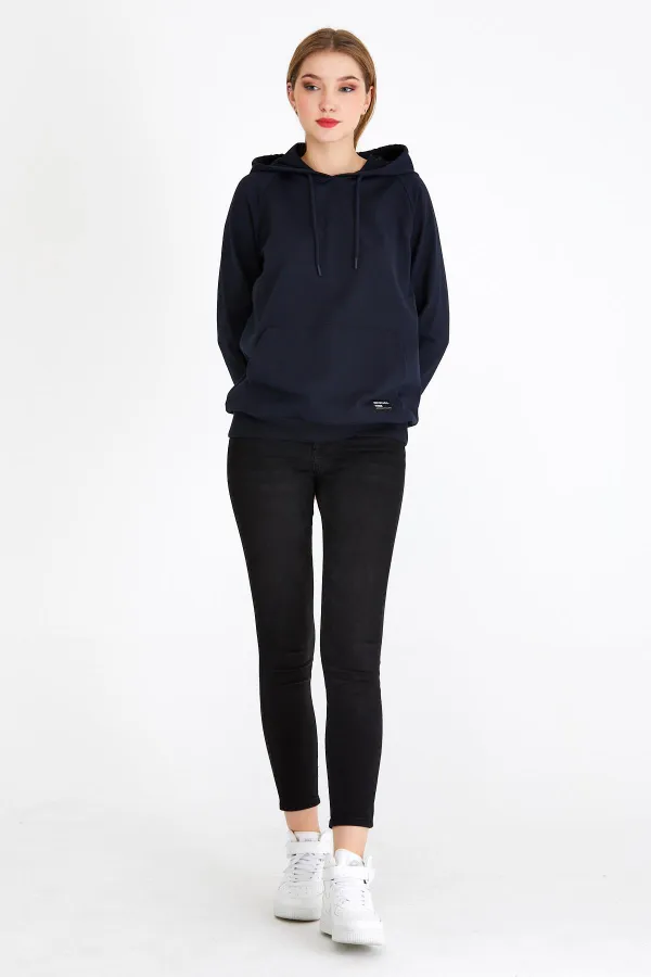 Kadın Lacivert Renk Kapüşonlu Basic Örme Sweatshirt