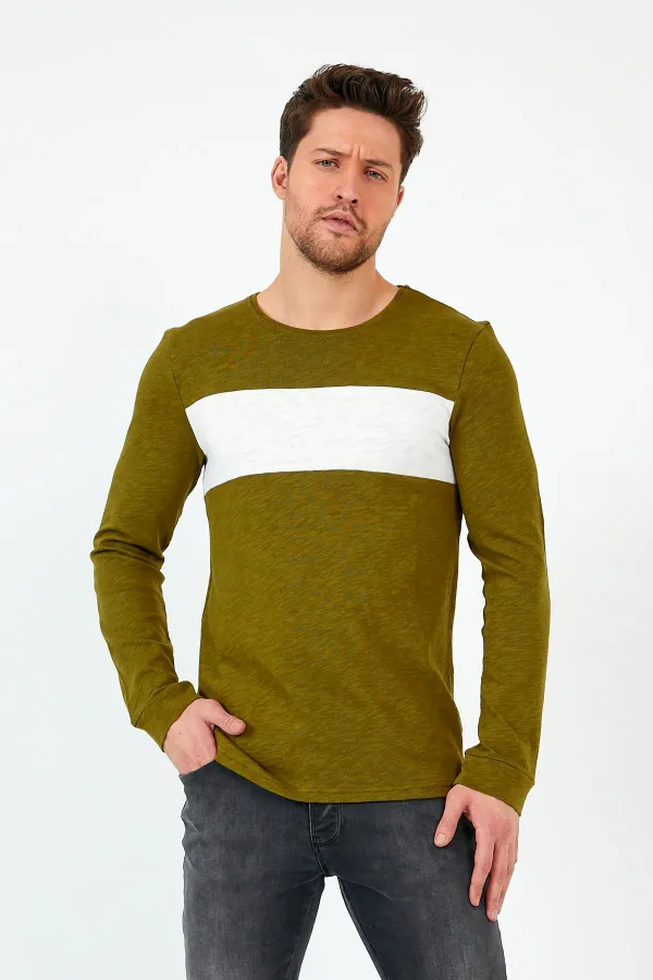 Haki Unisex Regular Fit Bisiklet Yaka Uzun Kollu  Şeritli Sweat MTLC0-H1