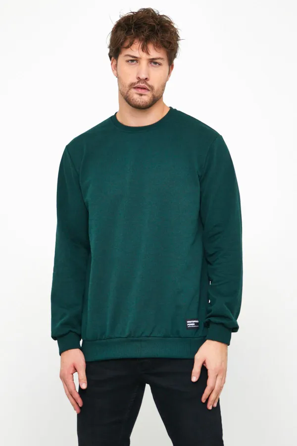 Erkek Koyu Yeşil Basic Bisiklet Yaka Sweatshirt 