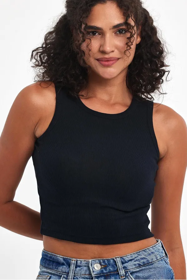Débardeur basique à bretelles côtelées bleu marine pour femme