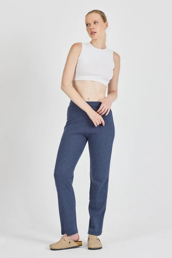Pantalon de survêtement femme en coton côtelé indigo, jambes larges, coupe slim, taille haute