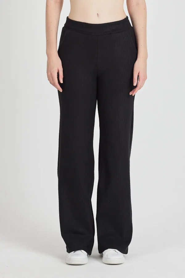 Siyah Fitilli Geniş Paça Pamuklu İnce Yüksek Bel Kadın Eşofman Altı