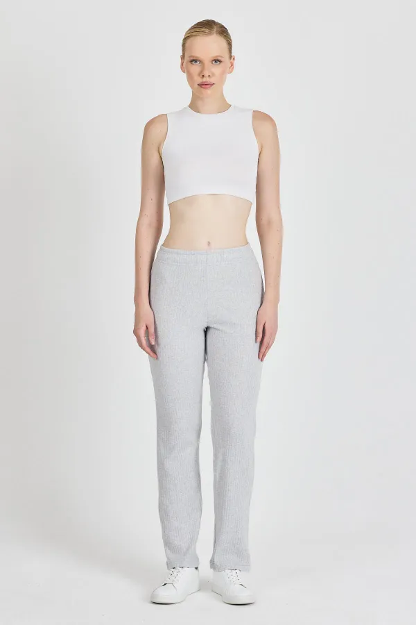 Pantalon de survêtement gris côtelé à jambes larges et taille haute pour femme