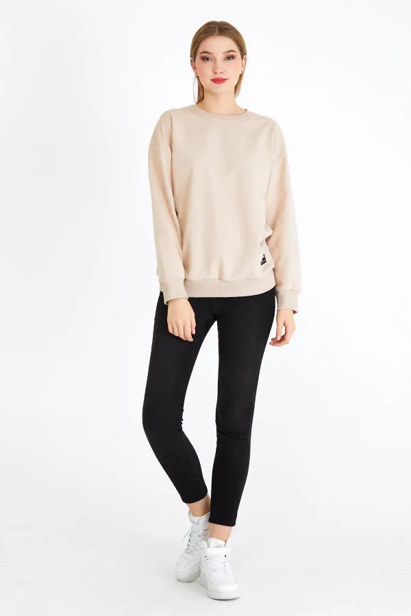 Women's Beige Color Basic Crew Neck Sweatshirt