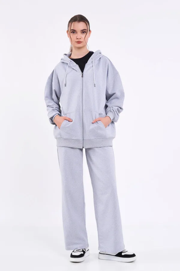 Ensemble de survêtement gris pour femme, coupe classique, taille élastique, capuche, oversize, saisonnier (haut et bas)