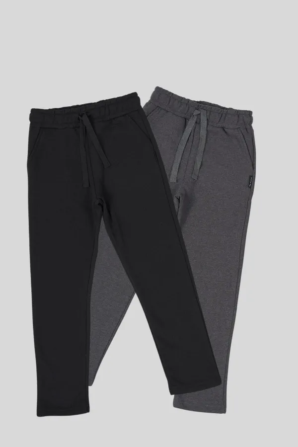 Black-Anthracite Thick Cotton Elastic Waistband Side Pocket 2-Pack Boys Tracksuit Bottoms