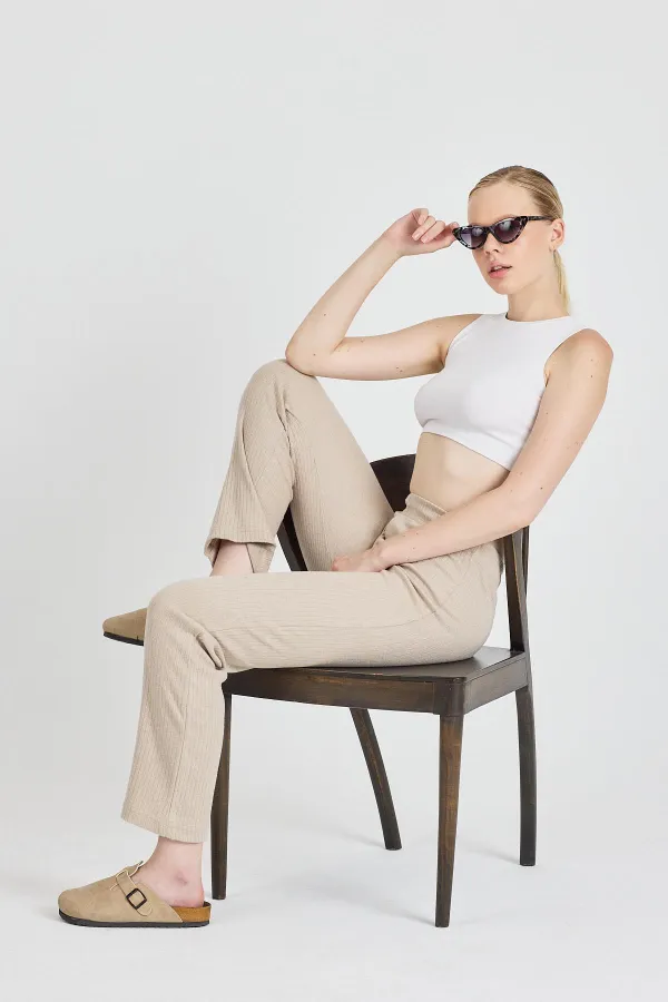 Vizon Fitilli Geniş Paça Pamuklu İnce Yüksek Bel Kadın Eşofman Altı