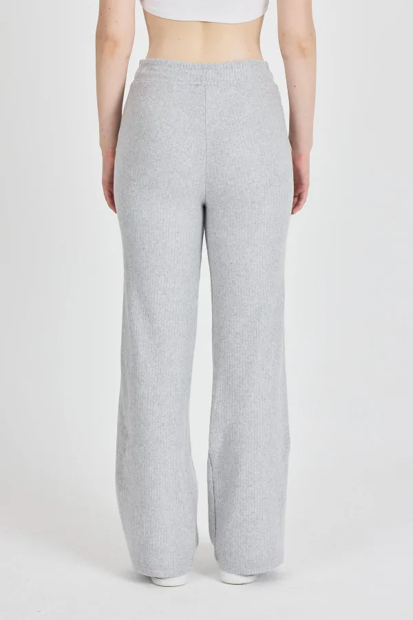 Pantalon de survêtement gris côtelé à jambes larges et taille haute pour femme