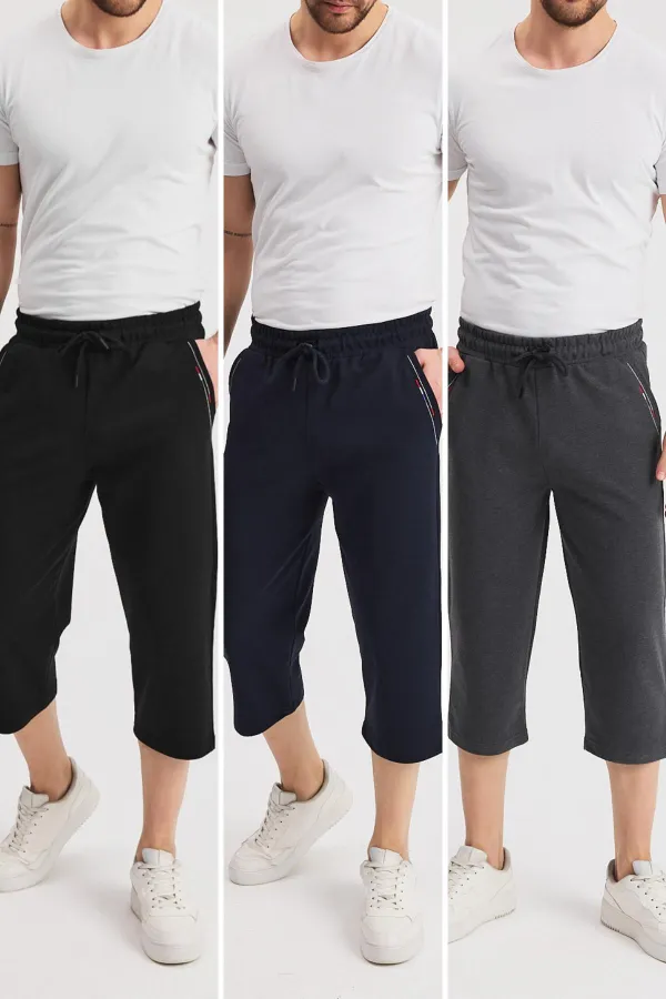 Erkek Yanları Cepli Siyah-Lacivert-Antrasit Bermuda Diz Altı Kapri Beli Ayarlanabilir Lastikli 3'lü Uzun Şort