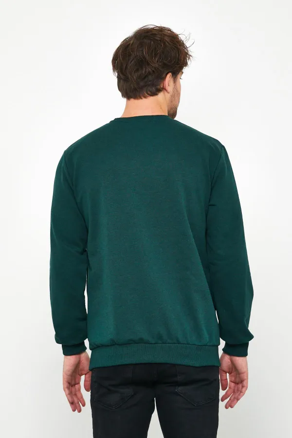 Erkek Koyu Yeşil Basic Bisiklet Yaka Sweatshirt 