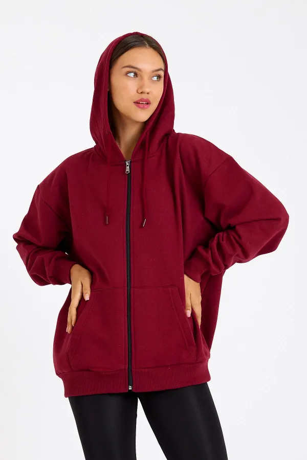 Kadın Kanguru Cepli Kapüşonlu Fermuarlı İçi Polarlı Hırka