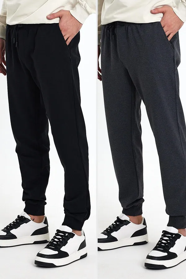 Pantalon de survêtement noir et gris pour homme, coupe classique, avec étiquette sur la poche arrière et ourlets élastiques (lot de 2)