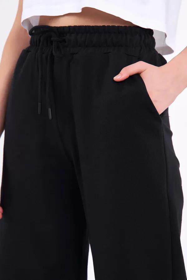 Kadın Mevsimlik Salaş Geniş Rahat Paça Yan Cepli Siyah Eşofman Altı