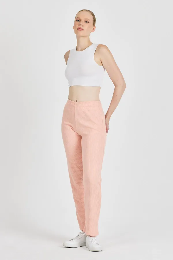 Pantalon de survêtement rose pâle côtelé, jambes larges, en coton fin, taille haute, pour femme