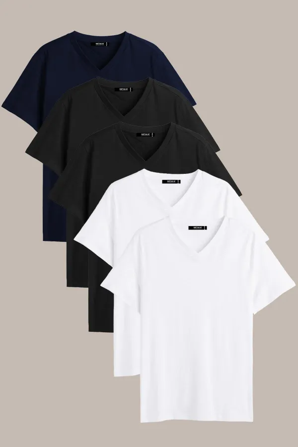 Erkek Çok Renkli T- Shirt Regular Fit Rahat Kesim V Yaka 5'li Basic Tişört Paketi