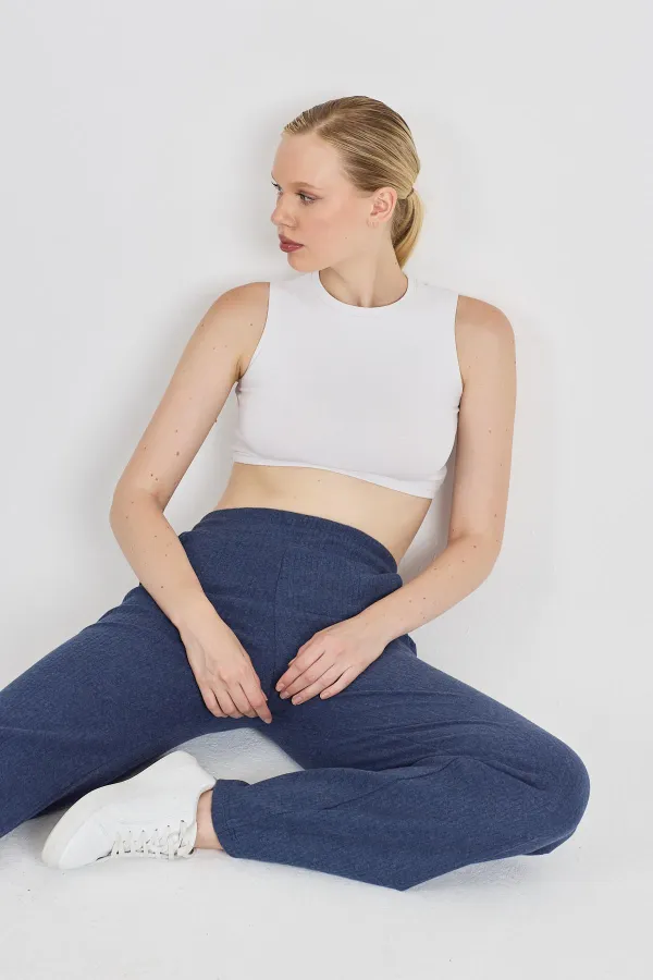 Pantalon de survêtement indigo côtelé à jambes larges et taille haute avec poches pour femme