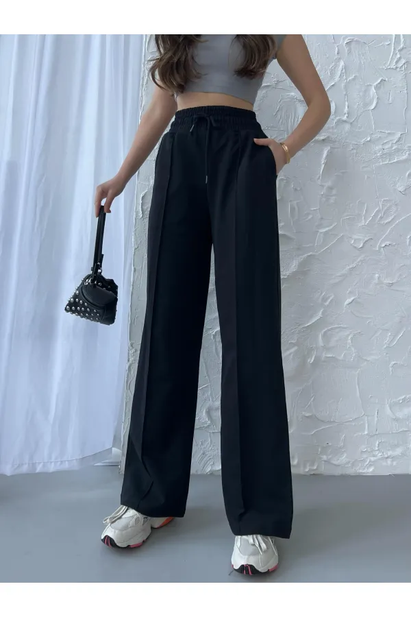 Lot de 3 pantalons de survêtement décontractés de saison pour femmes, à jambes larges et taille haute, coloris noir, bleu marine et anthracite