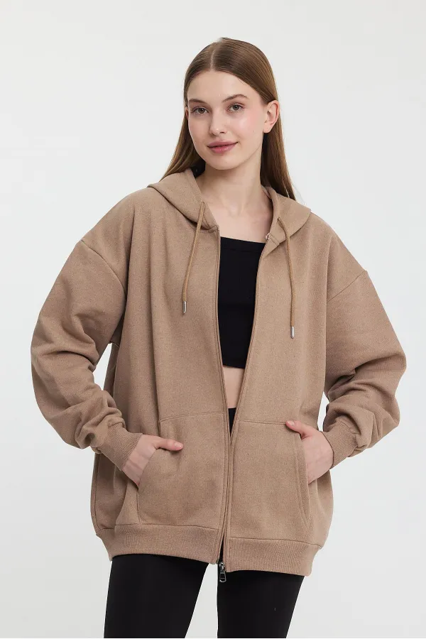 Kadın Kanguru Cepli Kapüşonlu Fermuarlı İçi Polarlı Hırka