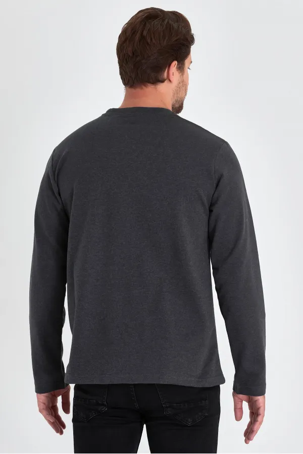Sweat-shirt homme anthracite à col rond double et imprimé, coupe décontractée standard