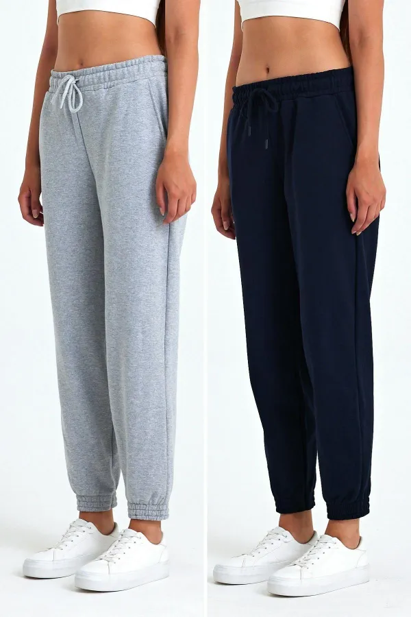 Kadın Siyah-Antrasit Pamuklu Kalın Paçası Lastikli Yüksek Bel Rahat Jogger 2'li Eşofman Altı MTLCB95-2