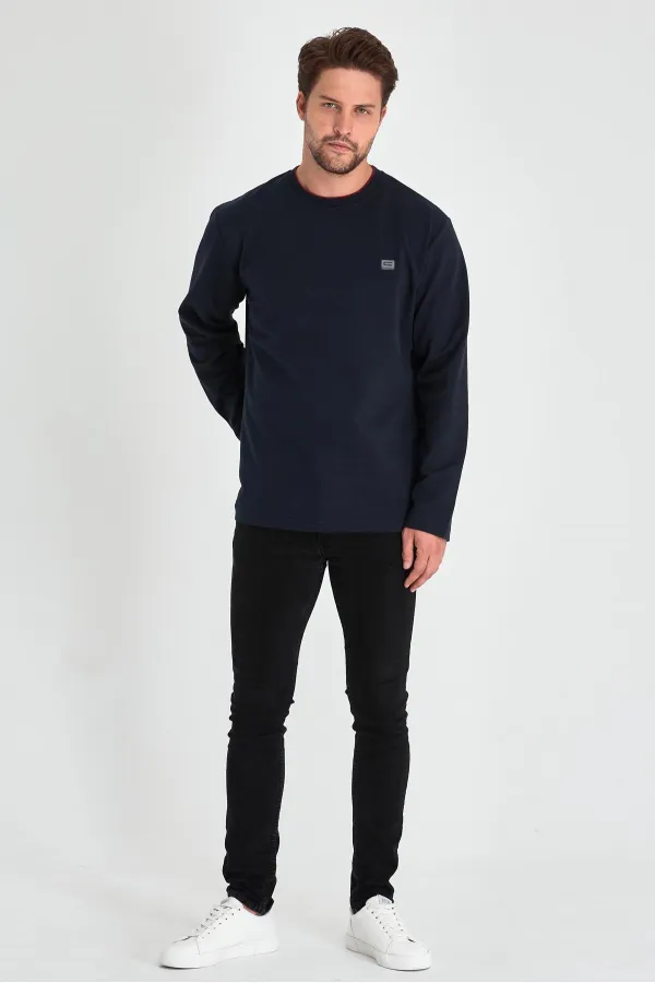 Men's Navy Blue Double Crew Neck Sweatshirt with Print Detail, Standard Relaxed Fit