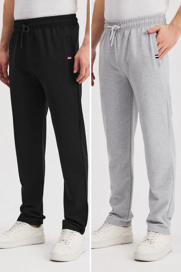 Black-Anthracite Men's Zip-Up Pocket Sweatpants with Embroidered Detail, Straight Leg, Relaxed Fit, Casual 2-Pack MTLCE107