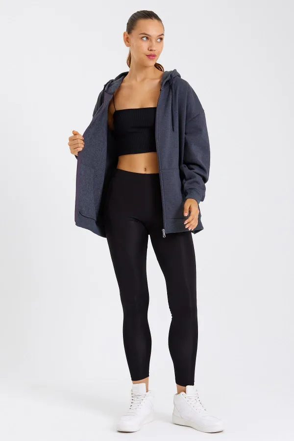 Kadın Kanguru Cepli Kapüşonlu Fermuarlı İçi Polarlı Hırka