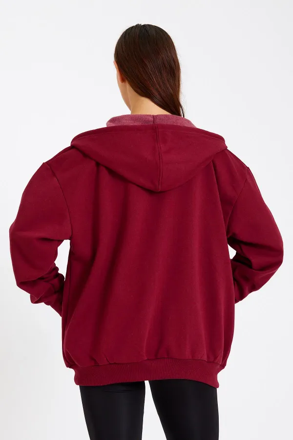 Kadın Kanguru Cepli Kapüşonlu Fermuarlı İçi Polarlı Hırka